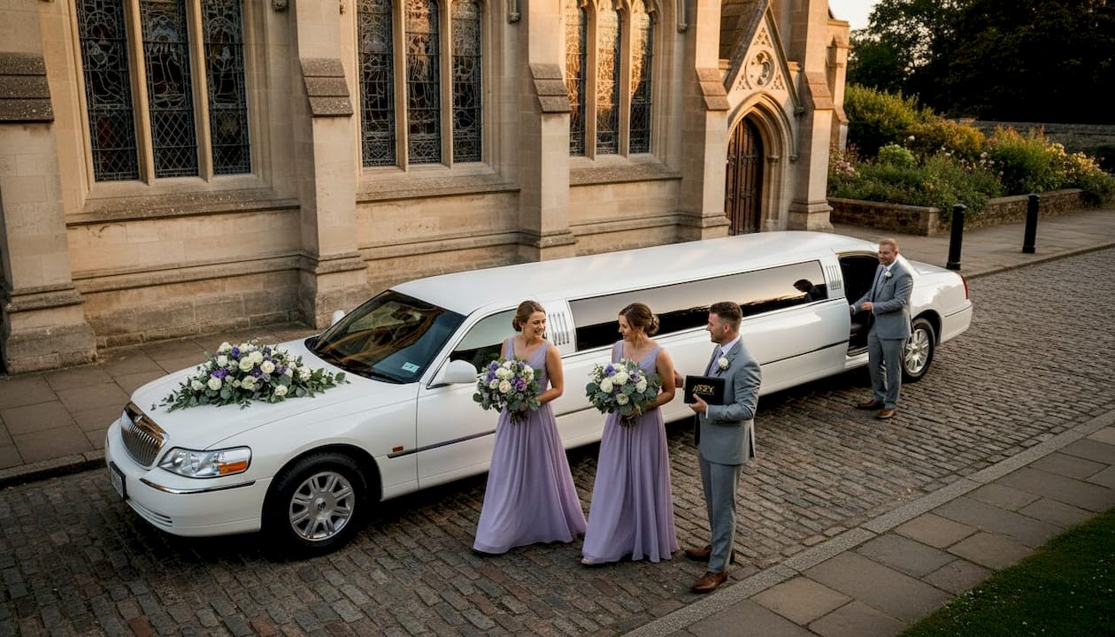 Bridesmaids and groomsmen entering stretch limousine