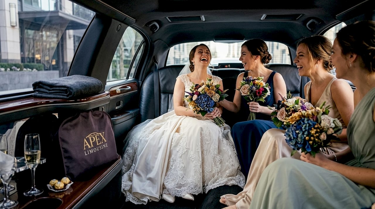 Bridal party seated together in limousine