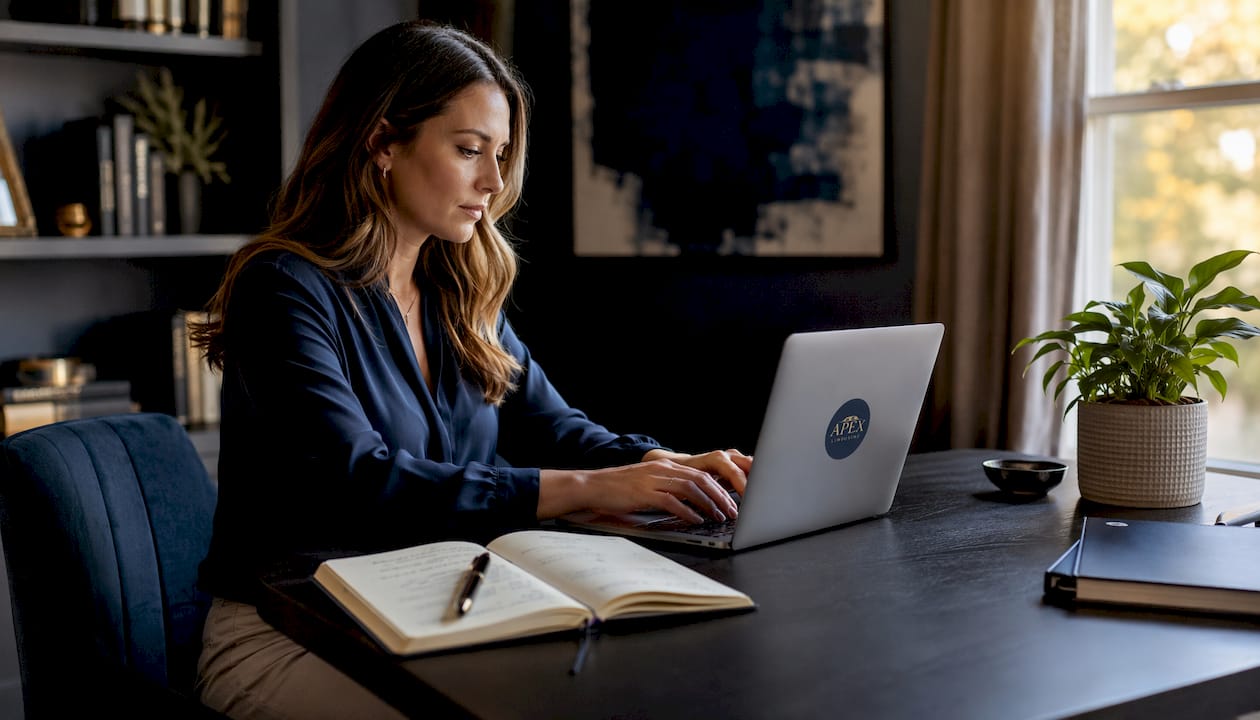 Hands typing to verify limo credentials on laptop