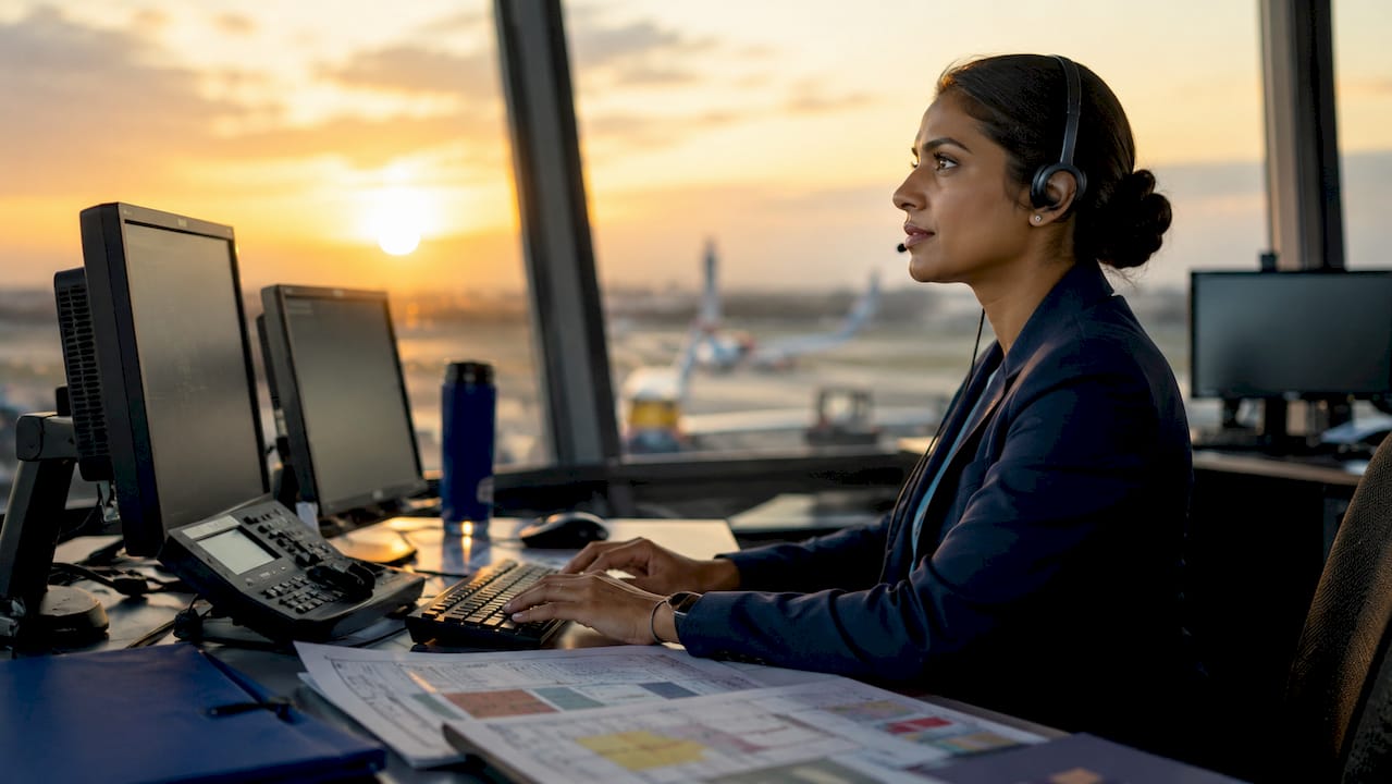 Airport dispatch team member tracking flights