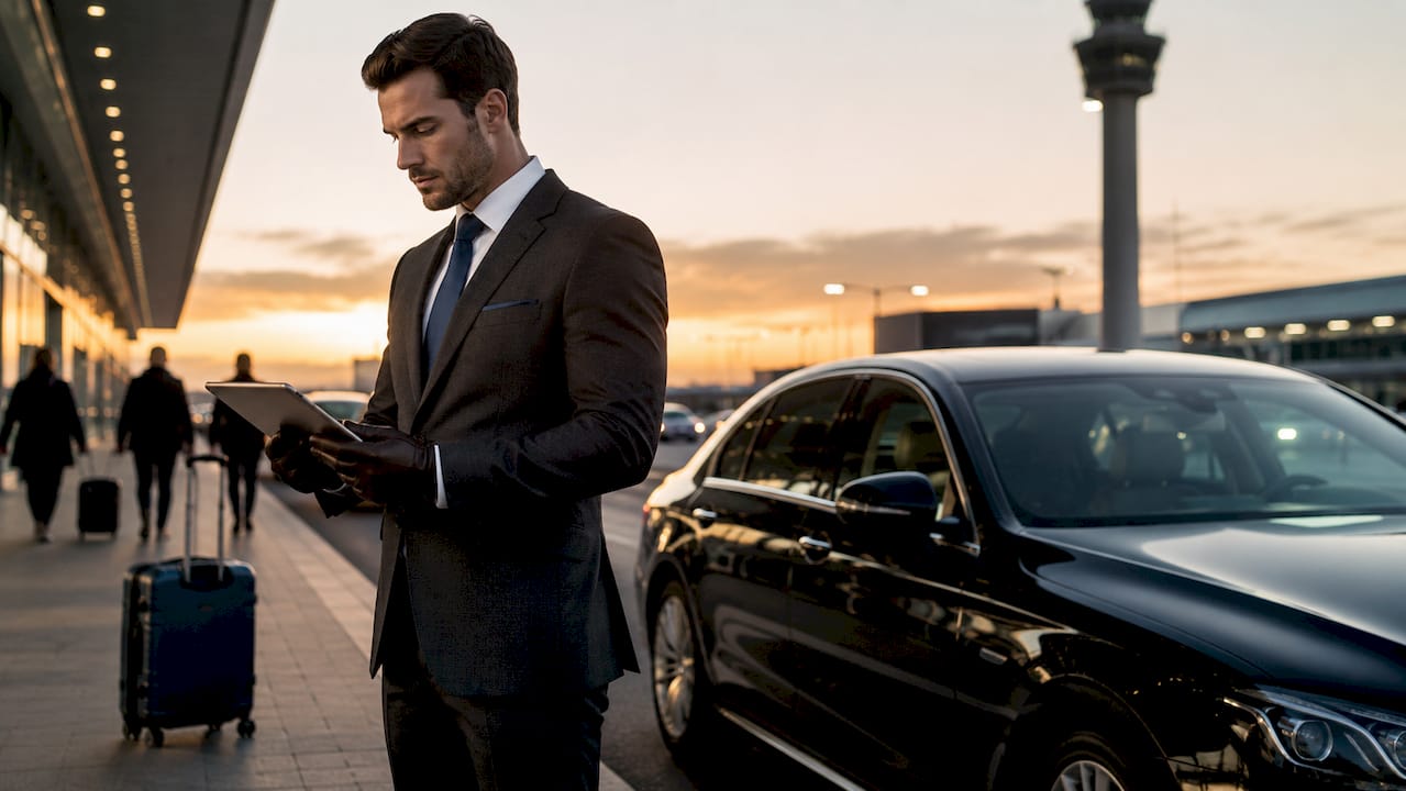 Chauffeur monitoring flight arrival on tablet