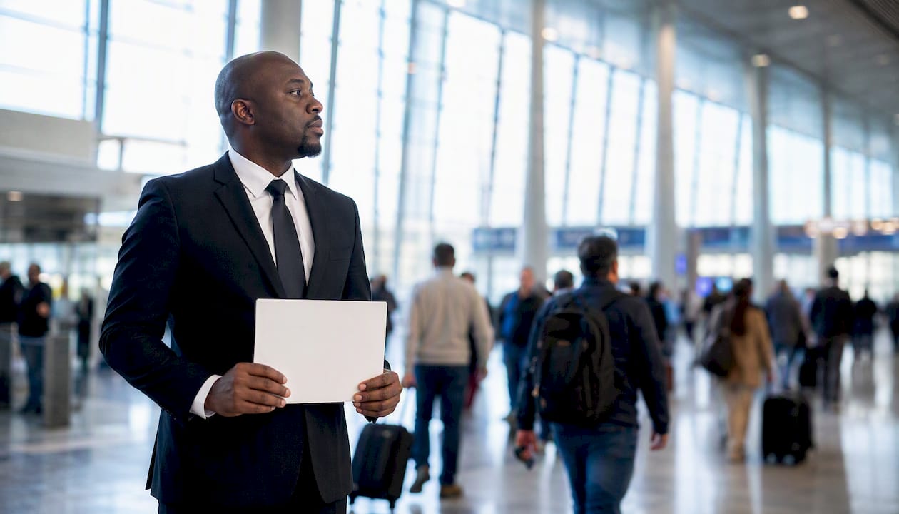 Chauffeur meeting passenger in airport arrivals hall
