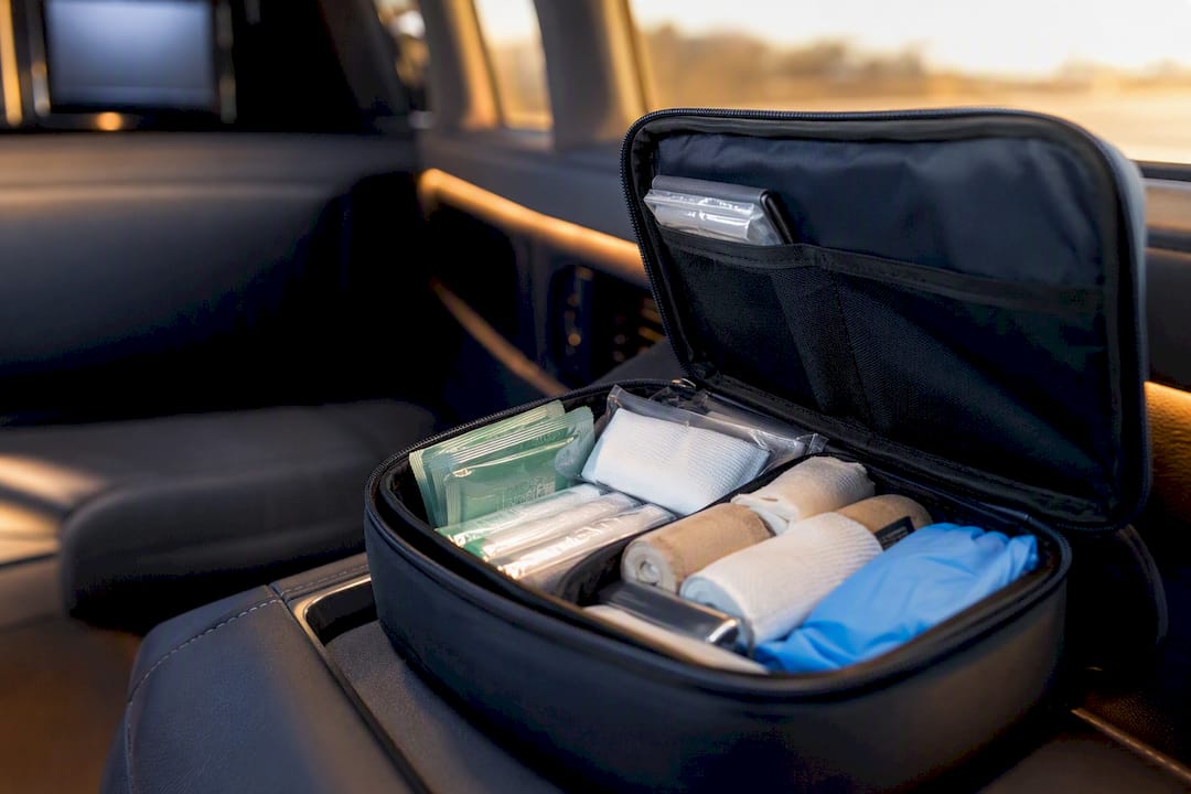 First aid kit inside luxury vehicle interior