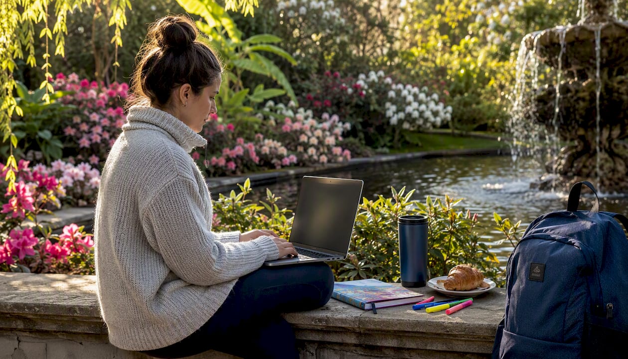 Solo traveler planning trip outdoors with laptop