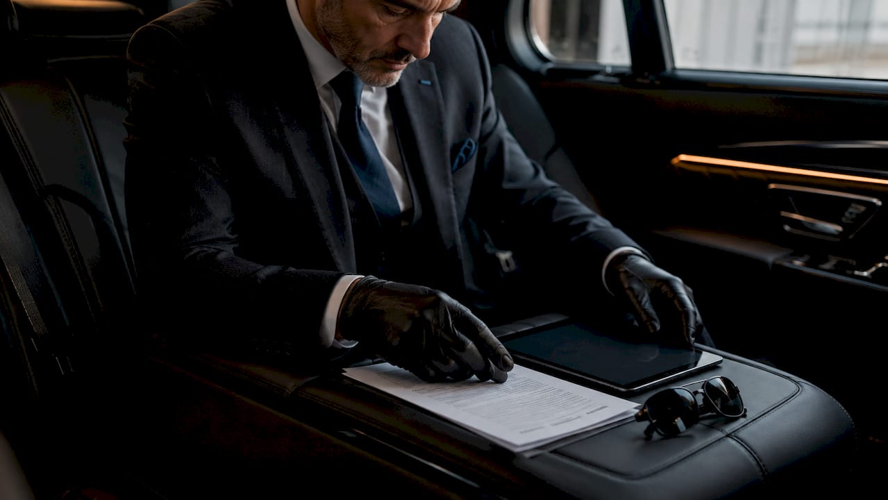 Chauffeur preparing confidential documents in vehicle