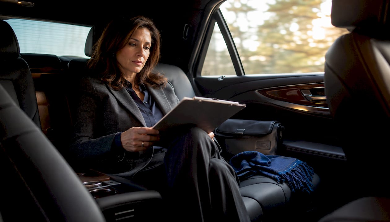 Business traveler relaxed inside luxury sedan
