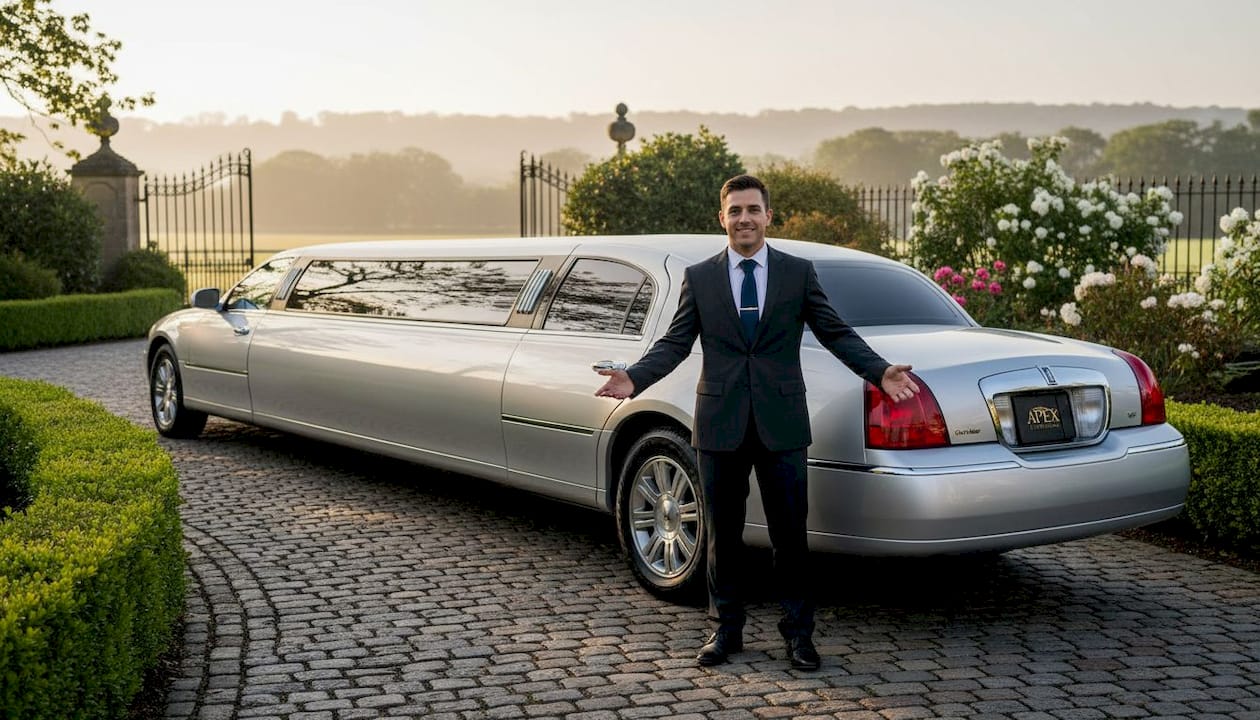 Wedding limo and chauffeur outside venue