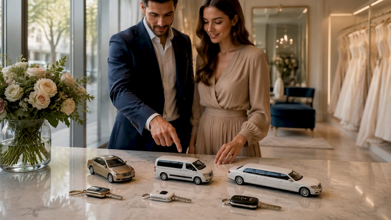 Table with luxury wedding vehicle keys and pricing sheets