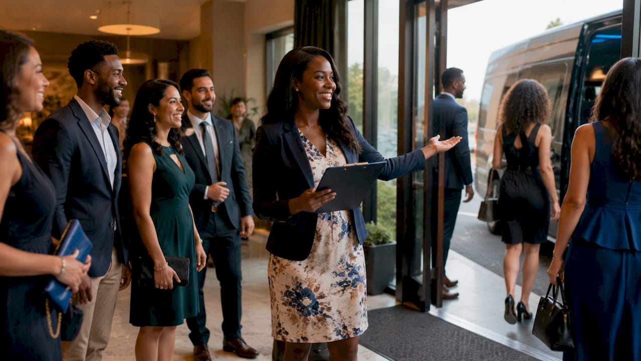 Rally captain guiding wedding guests to shuttle
