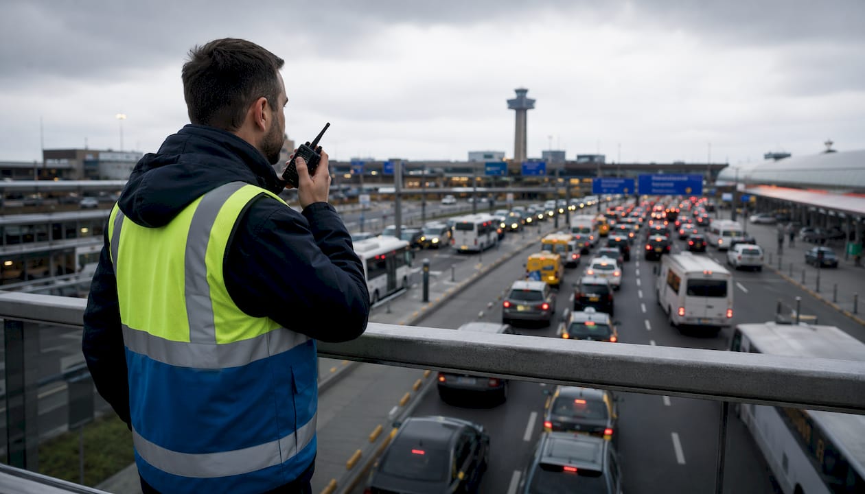 Traffic controller observing airport road congestion