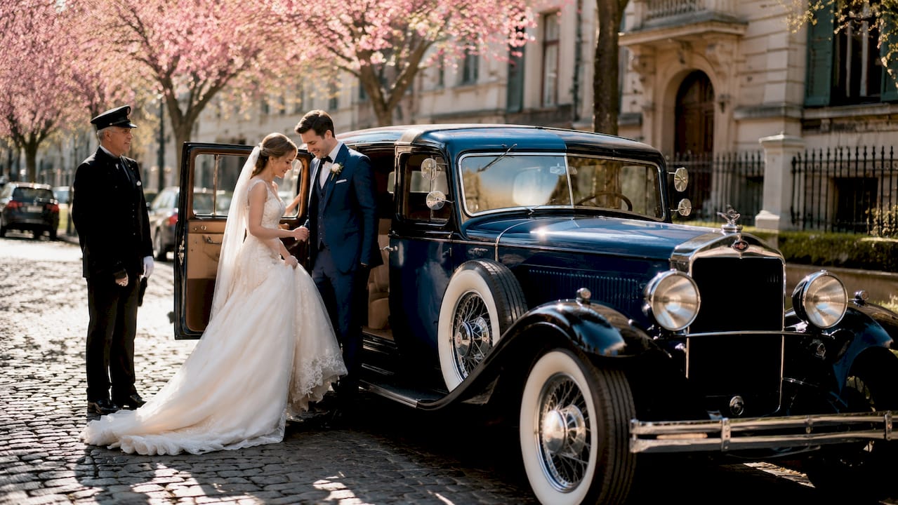 Bride and groom entering vintage wedding car
