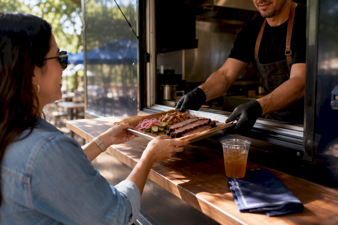Traveler picking up barbecue in Austin