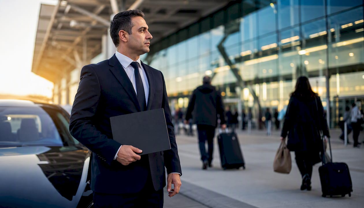 Chauffeur waiting curbside at airport terminal