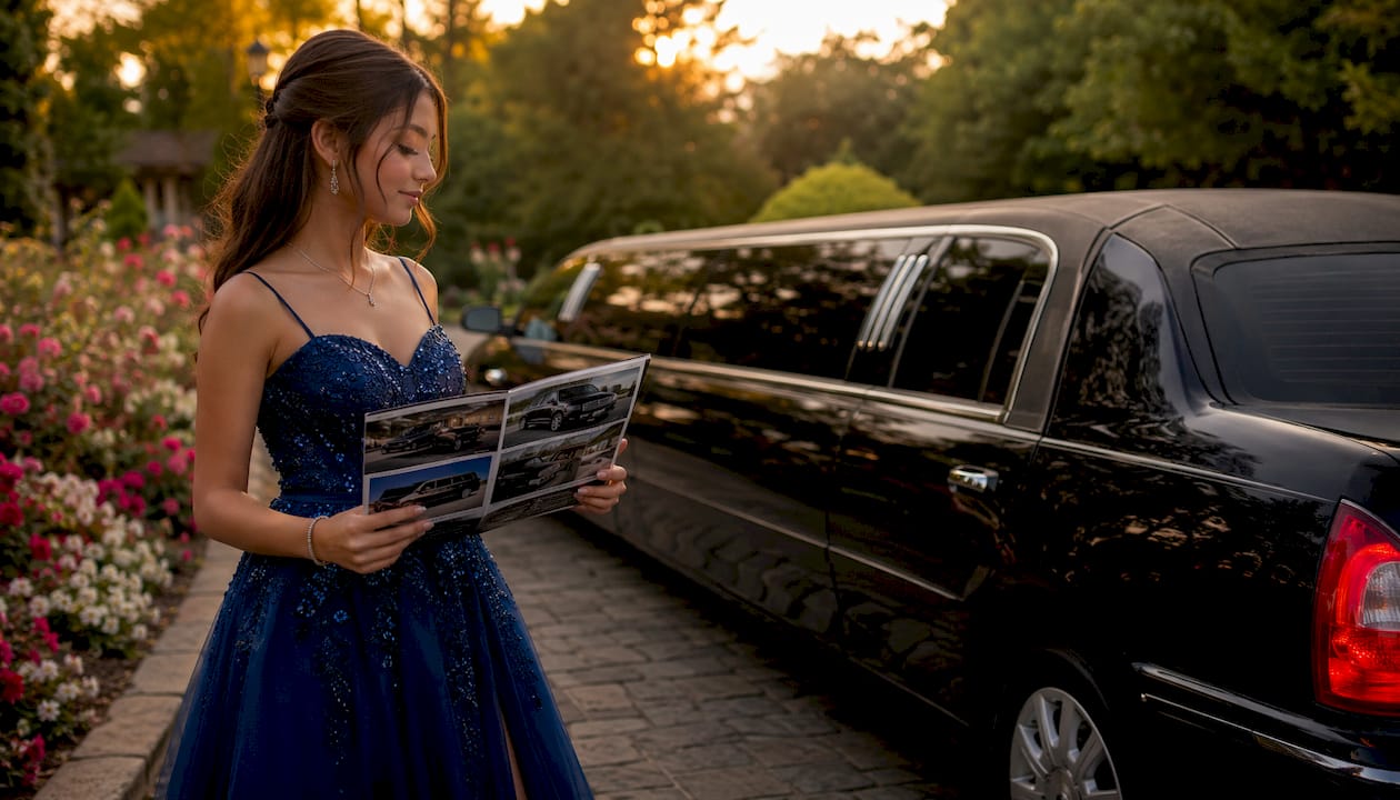 Teen girl selecting prom limousine outdoors