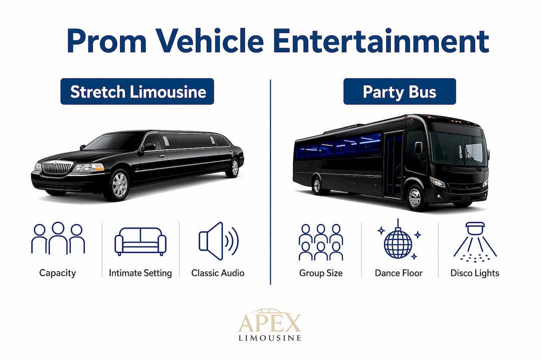Infographic comparing entertainment features of prom vehicles
