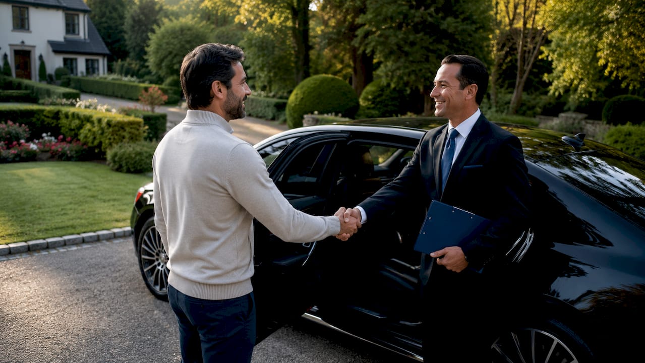 Parent greeting assigned prom limo chauffeur outside home