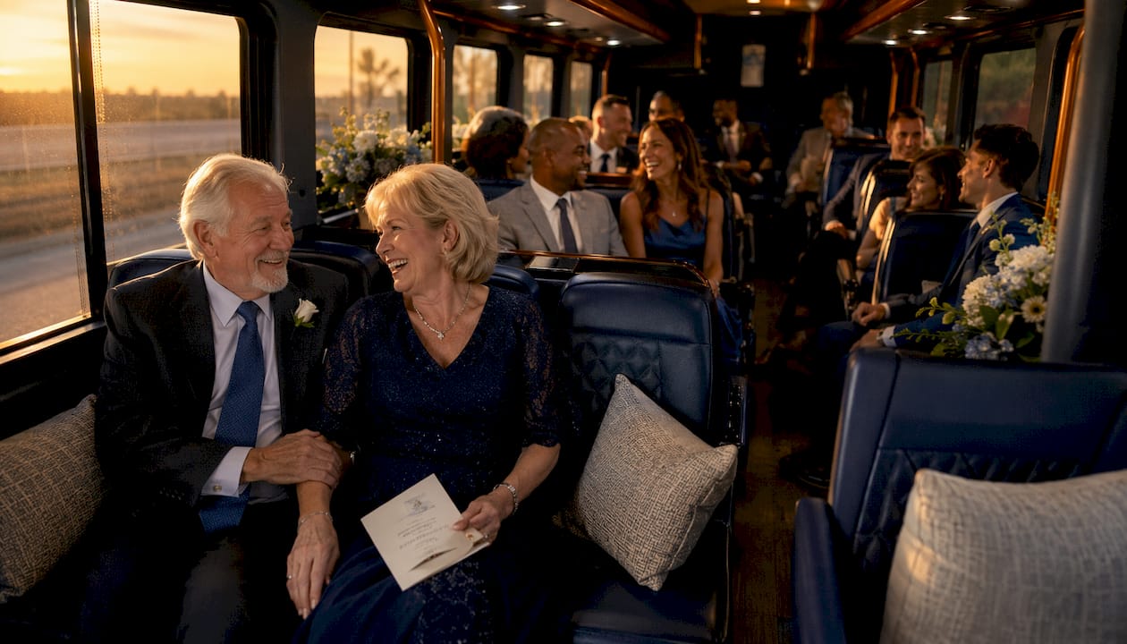 Interior of shuttle bus showing distinct wedding seating zones