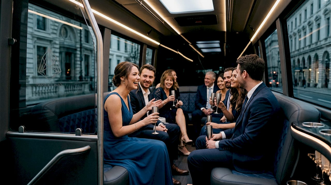 Wedding party guests sharing lively bus ride
