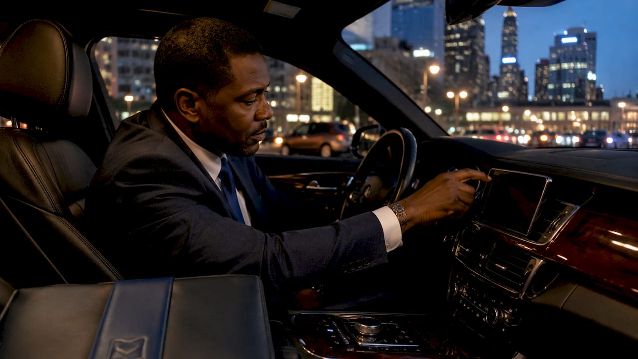 Limo chauffeur using GPS navigation inside vehicle