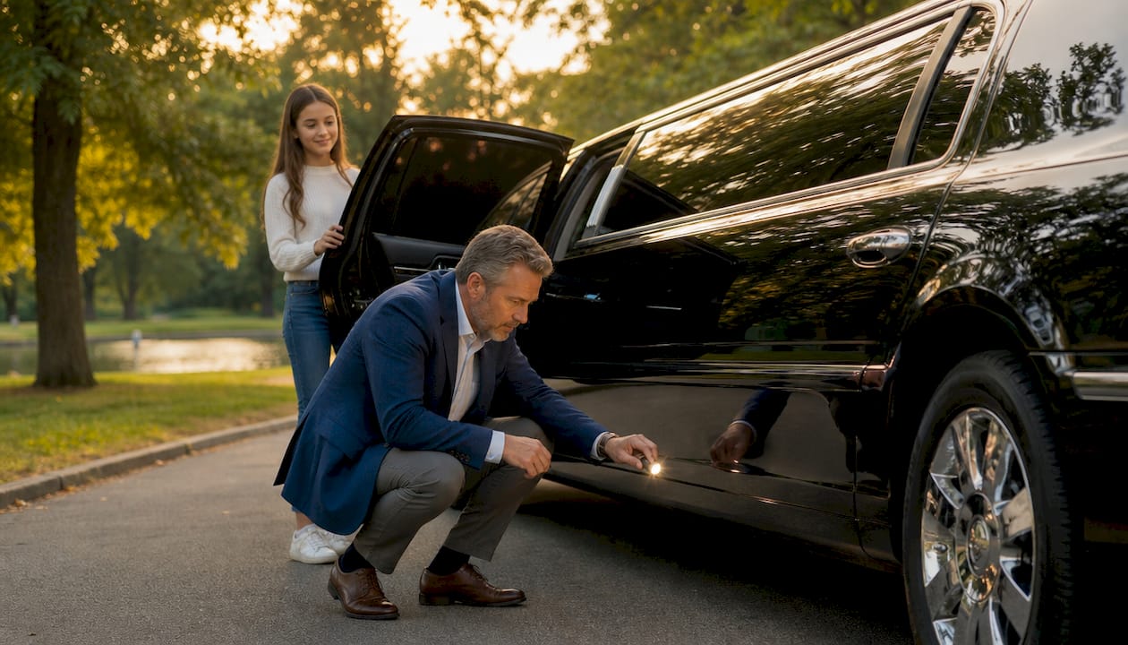 Father inspecting prom limo with teen son