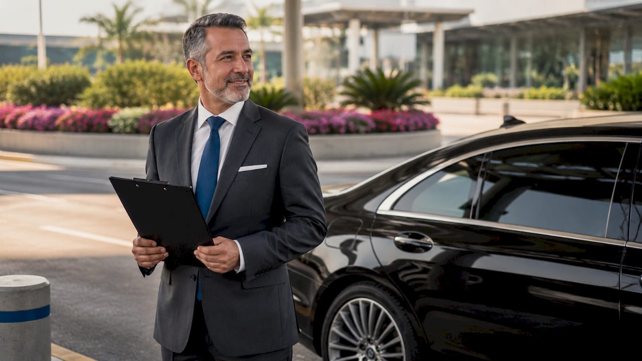 Professional chauffeur waiting at airport arrivals