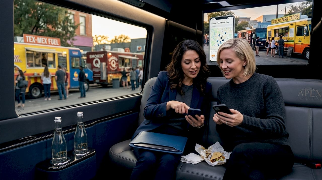 Women planning food truck route inside limo