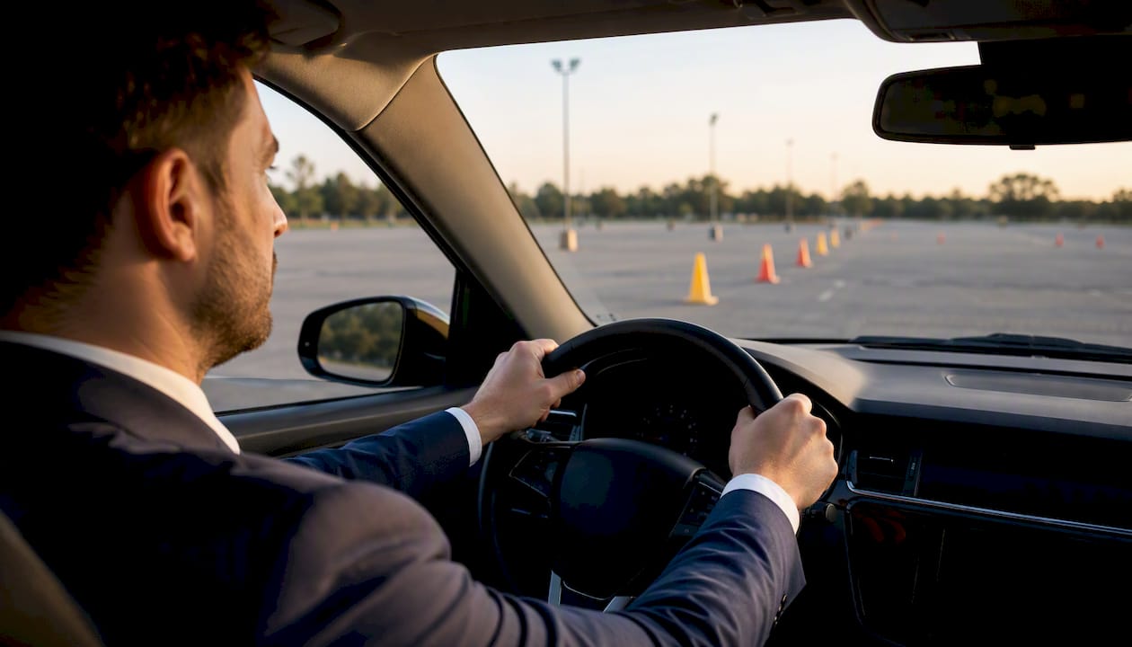 Chauffeur hands on wheel practicing defensive driving