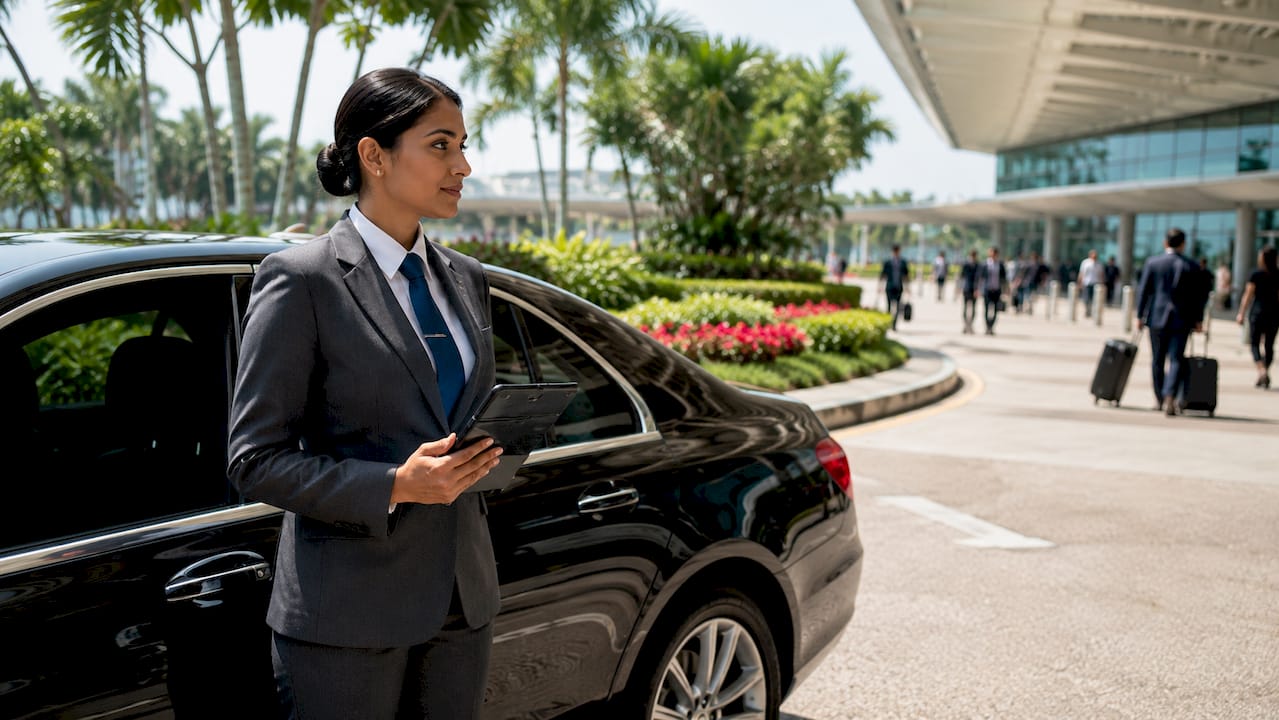 Chauffeur checking flight info at airport curbside