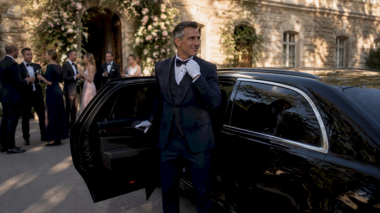 Chauffeur opening limo door at wedding venue