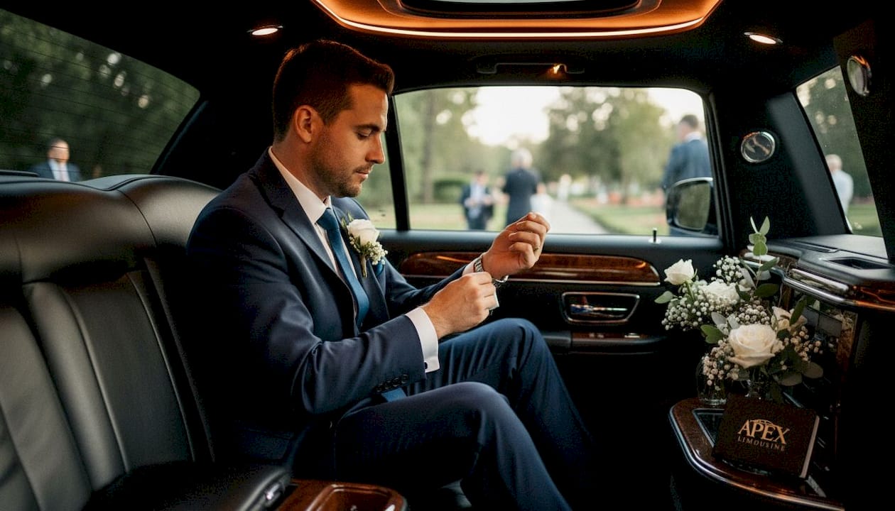 Groom adjusting cufflinks inside wedding SUV