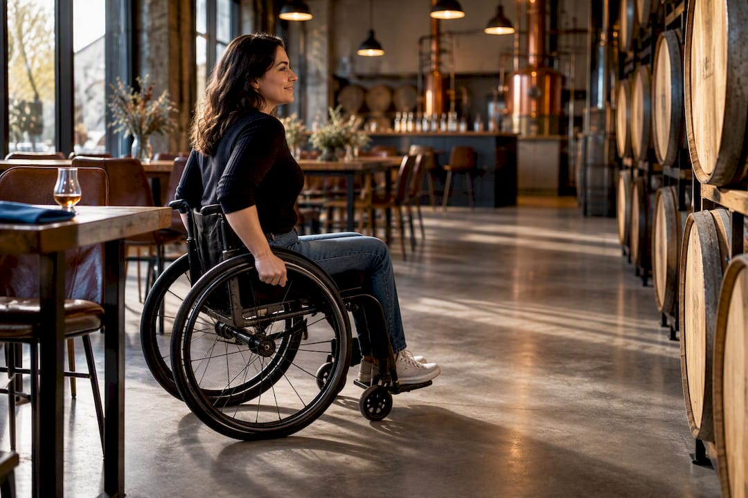 Wheelchair user entering accessible tasting room