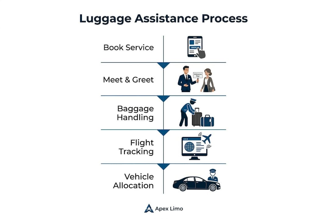 Infographic illustrating luggage assistance process steps