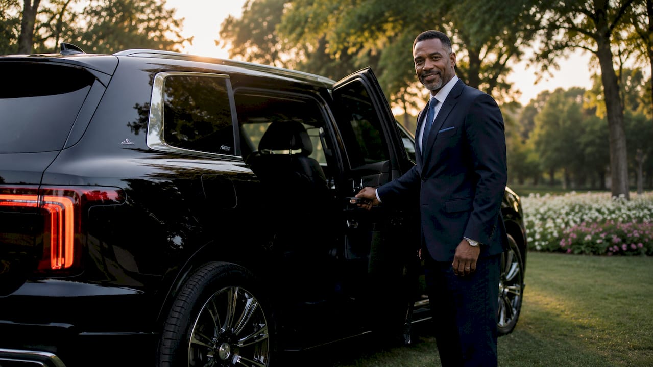 Chauffeur welcoming passengers at luxury SUV door