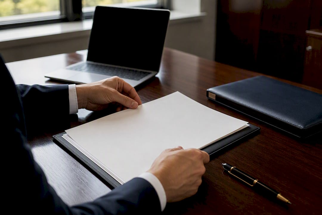 Hands stamping insurance certificate on desk