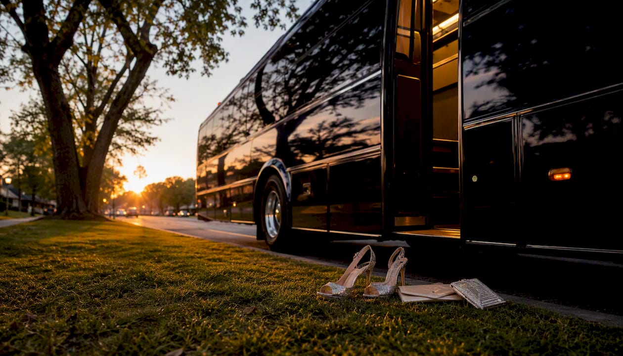 Party bus parked at school with prom accessories