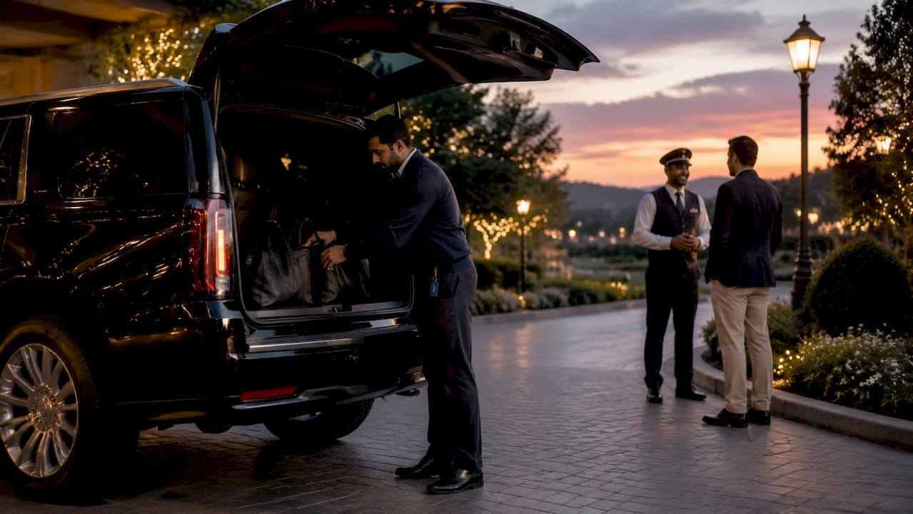 Man loading bags into luxury SUV corporate vehicle
