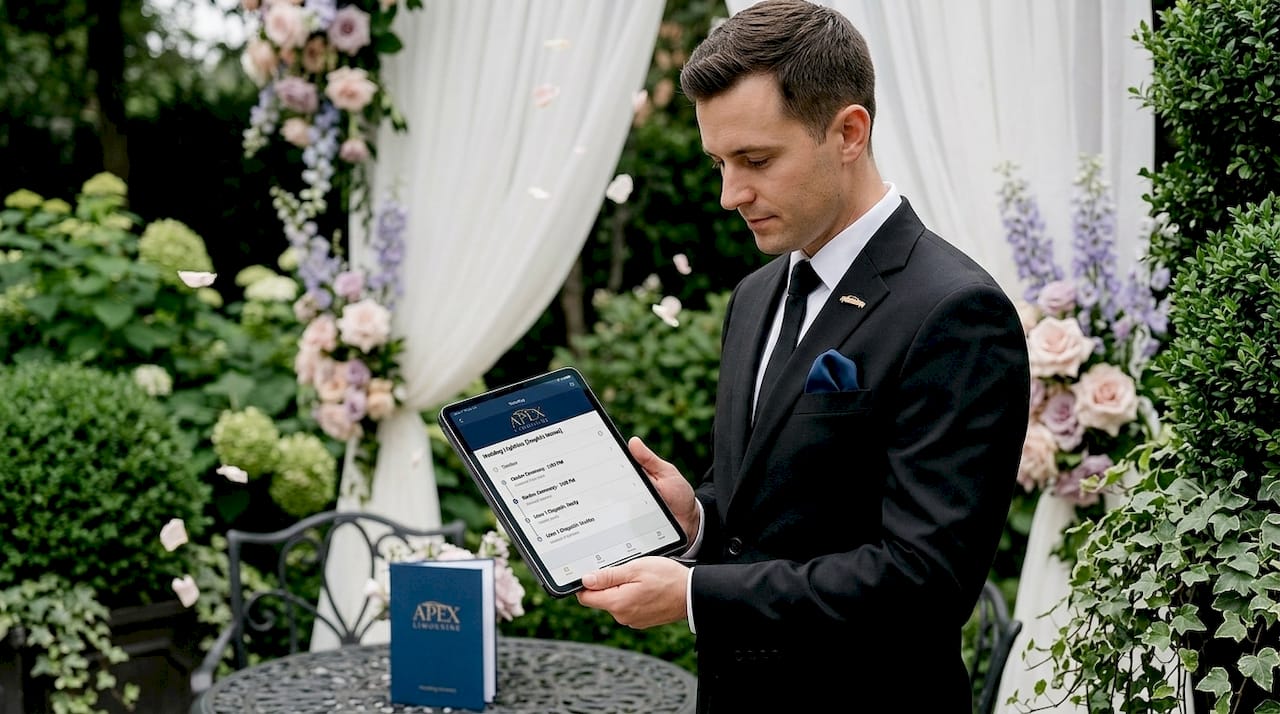 Wedding chauffeur coordinating logistics on tablet