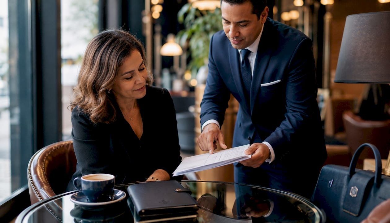 Businesswoman consulting chauffeur about pricing details
