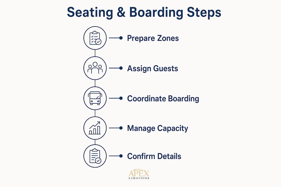 Infographic showing five steps of wedding transport seating arrangement