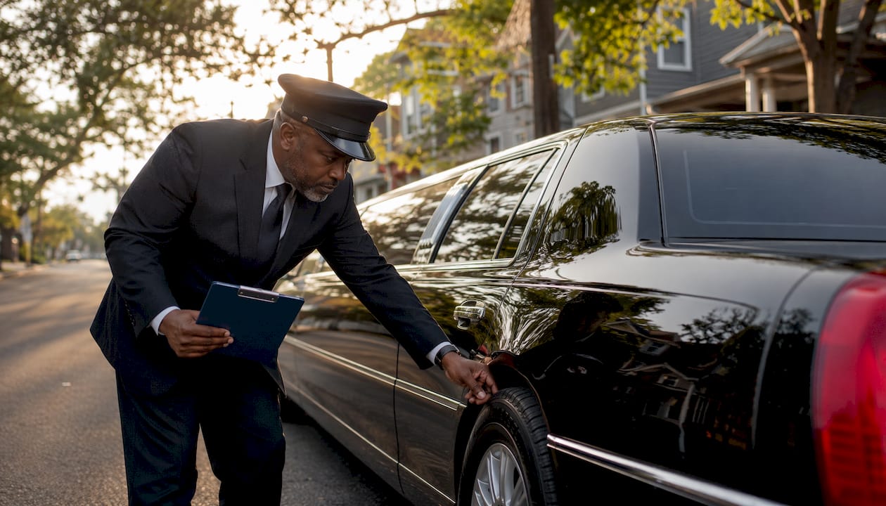 Chauffeur inspecting limousine outside Austin hotel
