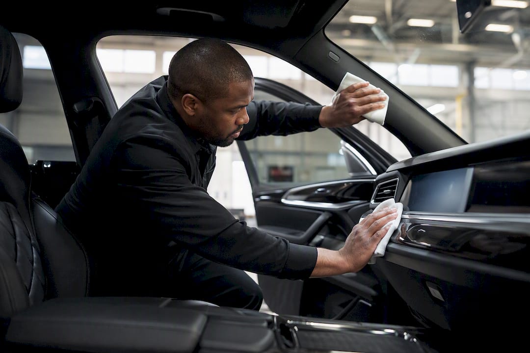 Chauffeur wiping limo door controls during pre-trip