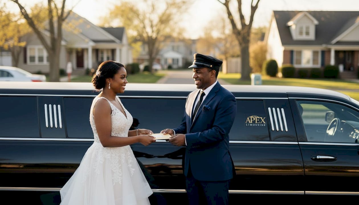 Bride tipping wedding chauffeur outside limousine