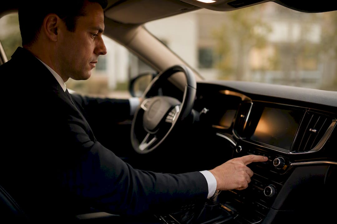 Chauffeur inspecting luxury vehicle interior controls