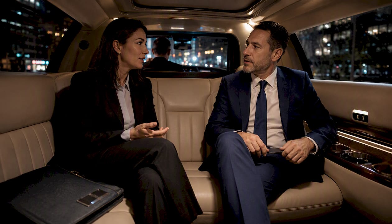 Business group inside private limousine at night