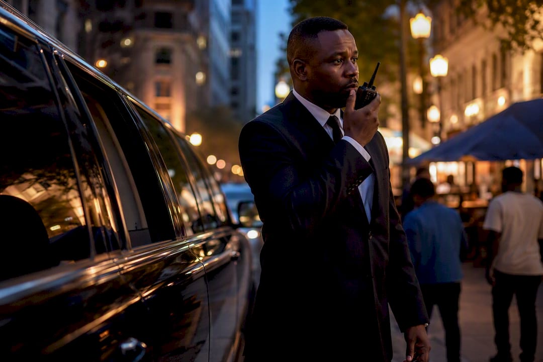 Chauffeur using radio near luxury vehicle