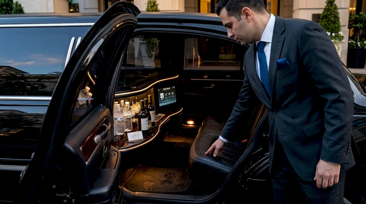 Chauffeur checks stretch limo amenities before pickup