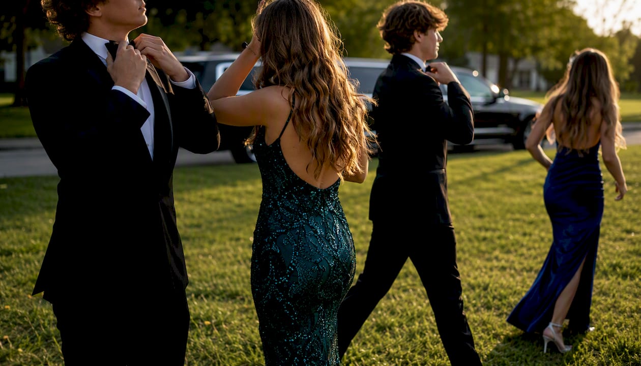 Students in formal wear boarding vehicle