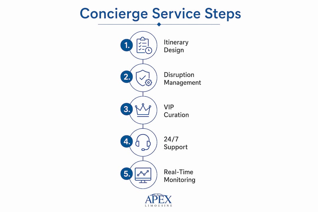 Infographic illustrating executive travel concierge service steps