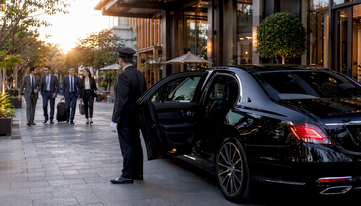Executive sedan with chauffeur at hotel entrance