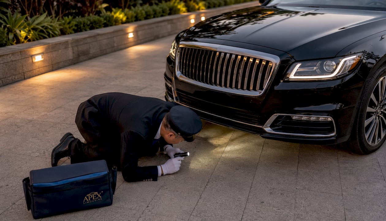 Chauffeur inspecting luxury car for safety